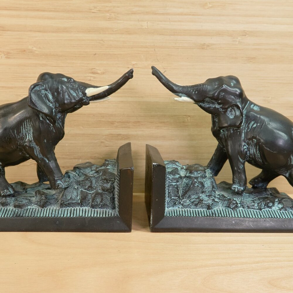 Antique 1922 Ronson Cast Metal Elephant Bookends / Vintage Elephant Shelf Decor